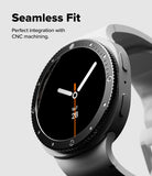 Galaxy Watch 9 / 8 40mm | Bezel Styling Premium - A close-up of a smartwatch with a black round face, silver bezel details, and a dark gray band, shown on a light gray background with the text 'Seamless Fit' and 'Perfect integration with CNC machining.'.