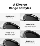 Galaxy Watch 9 / 8 40mm | Bezel Styling Premium - A product information graphic showing six close-up views of a circular ring-style accessory labeled with different finish options: GW9/8-40-80 (Black Glossy), GW9/8-40-96 (Black Sanded Hairline), GW9/8-40-98 (Black Hairline Glossy), GW9/8-40-99 (Black Sanded Glossy). The top text reads 'A Diverse Range of Styles'.