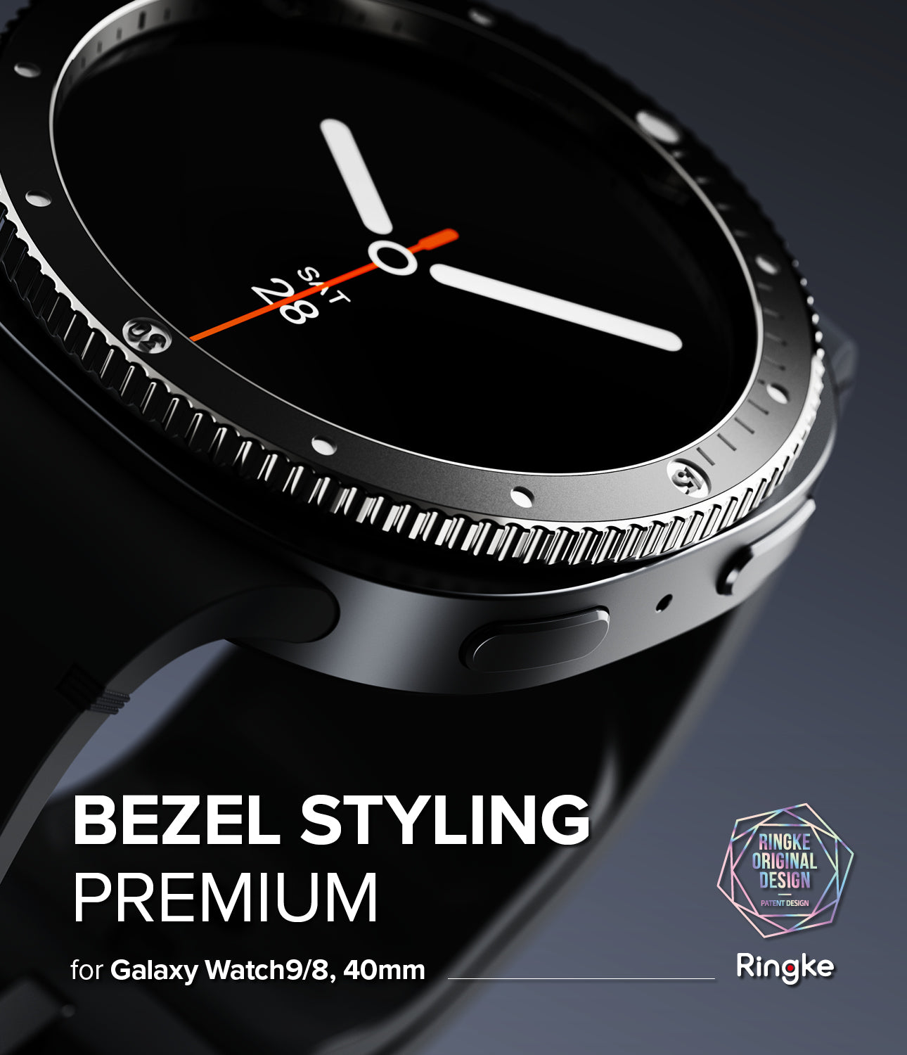 Galaxy Watch 9 / 8 40mm | Bezel Styling Premium - Close-up of a black Galaxy Watch 9 with a metallic bezel, featuring text that reads 'BEZEL STYLING PREMIUM for Galaxy Watch 9, 40mm' and a Ringke logo.