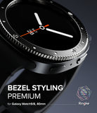 Galaxy Watch 9 / 8 40mm | Bezel Styling Premium - Close-up of a black Galaxy Watch 9 with a metallic bezel, featuring text that reads 'BEZEL STYLING PREMIUM for Galaxy Watch 9, 40mm' and a Ringke logo.