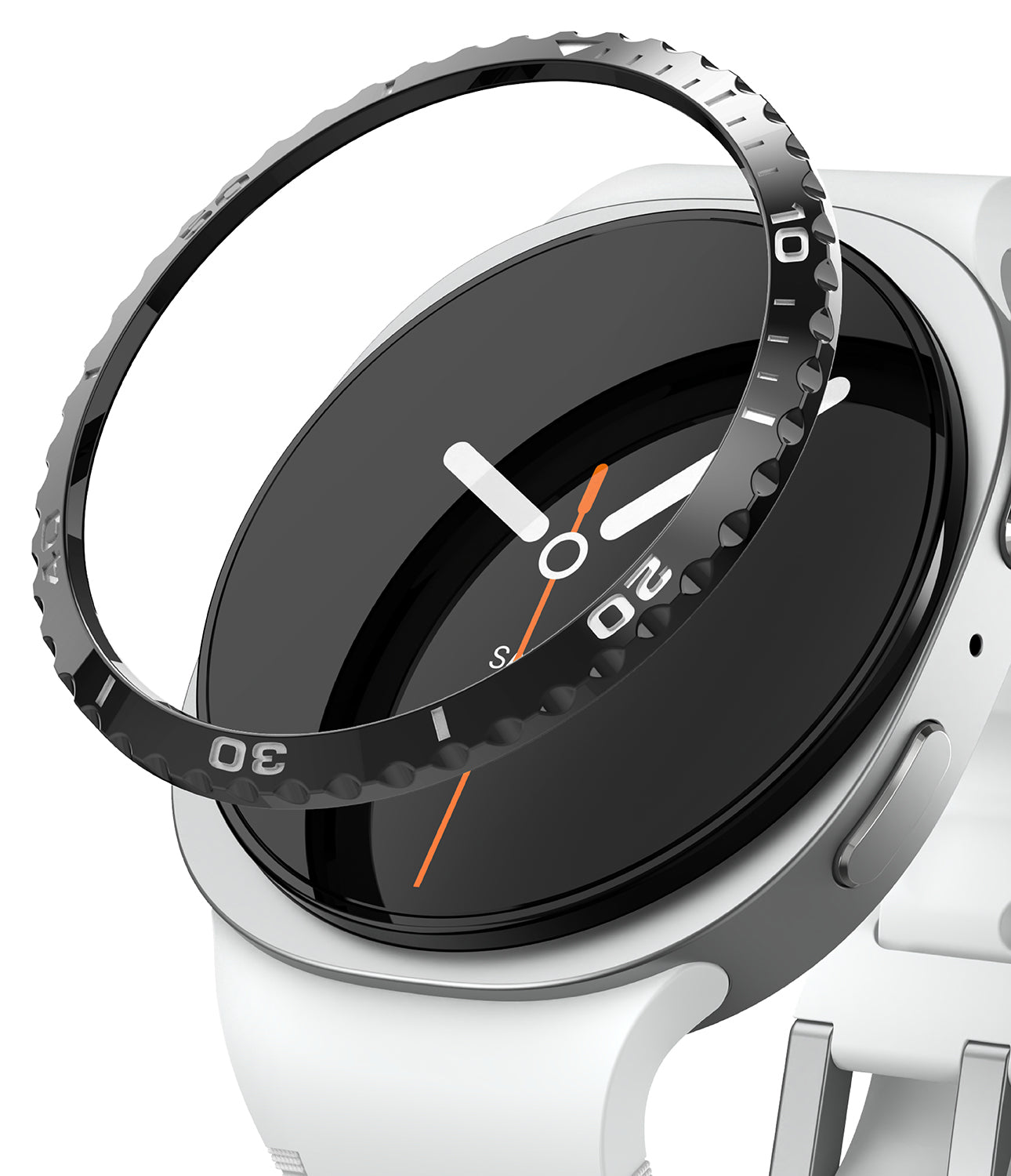 Galaxy Watch 9 / 8 40mm | Bezel Styling - A close-up of a smartwatch with a white band and silver case, featuring a black watch dial and a transparent protective bezel ring with white numerals.