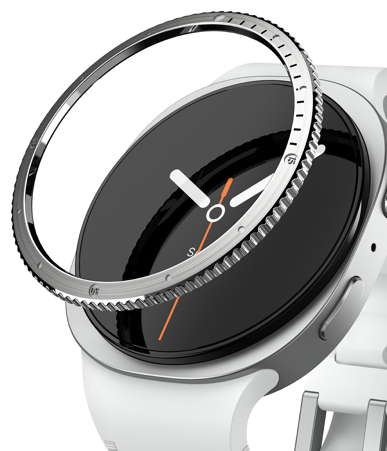 Galaxy Watch 9 / 8 40mm | Bezel Styling - A close-up of a smartwatch with a white band and silver case, featuring a clear protective bezel cover with a textured silver outer rim.