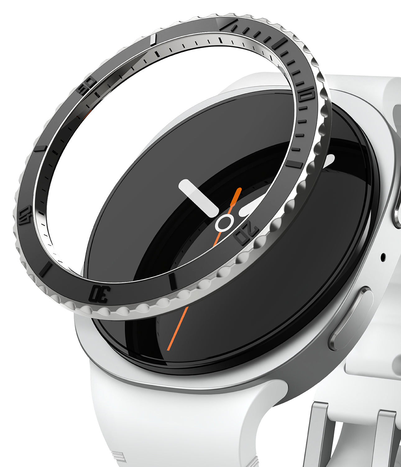 Galaxy Watch 9 / 8 40mm | Bezel Styling Premium - A close-up of a smartwatch with a white silicone strap, a black analog-style display face, and a silver-toned bezel with a textured outer ring.