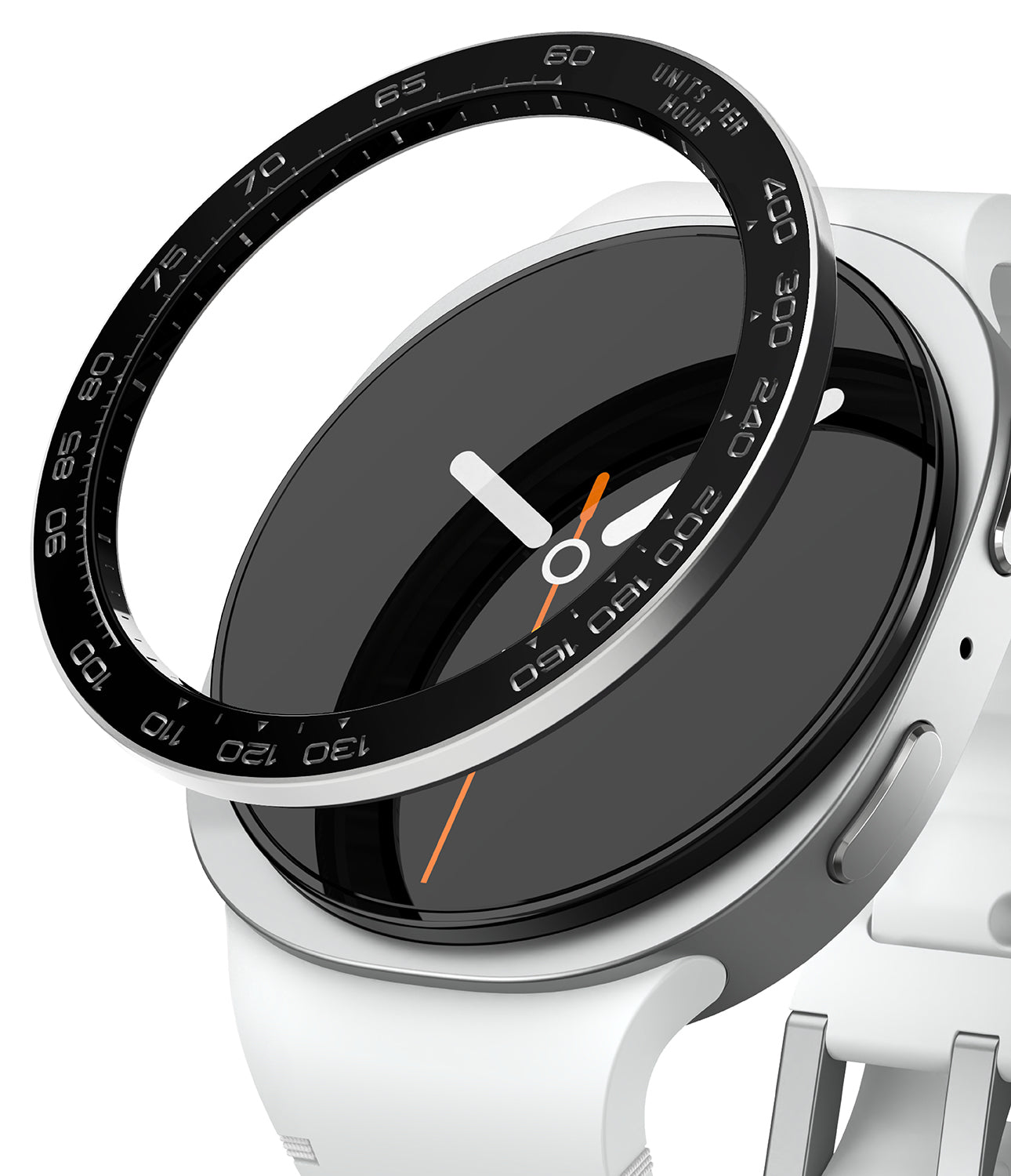 Galaxy Watch 9 / 8 40mm | Bezel Styling Premium - Close-up of a smartwatch with a white silicone strap, a black round face, and a black bezel ring featuring white numerals and white hands with an orange second hand.