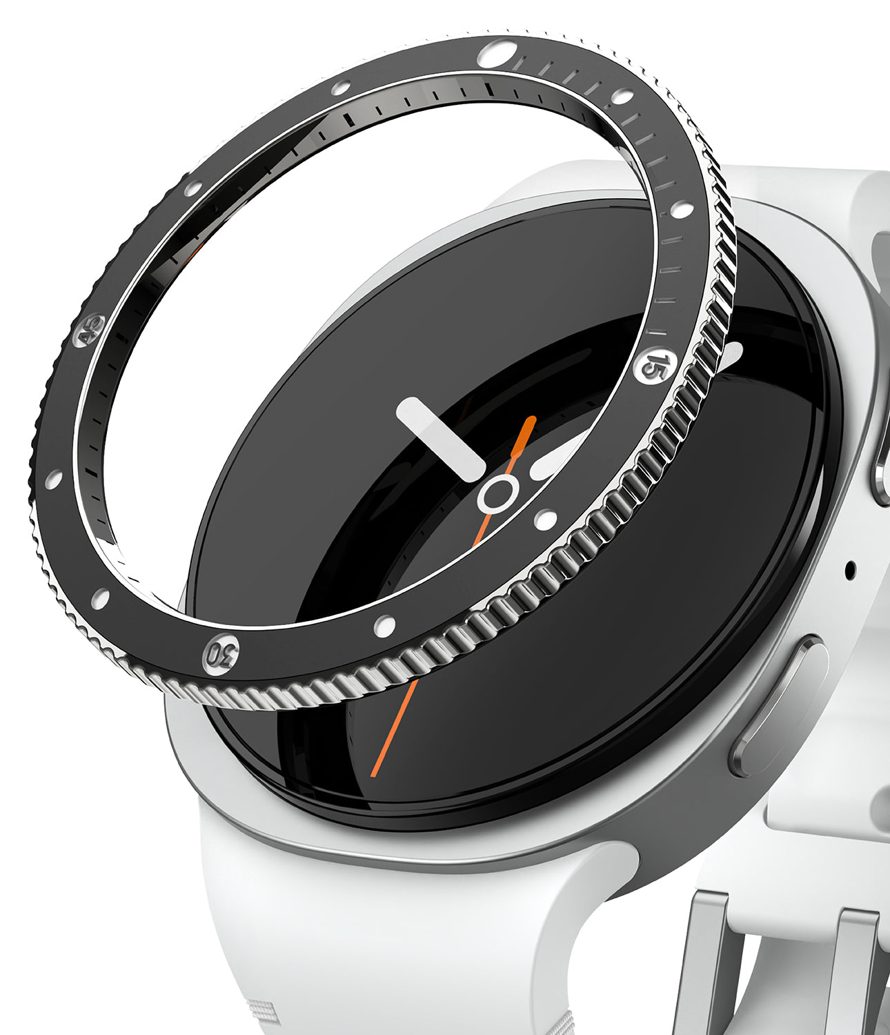 Galaxy Watch 9 / 8 40mm | Bezel Styling Premium - A close-up of a smartwatch with a white silicone strap and a silver-toned bezel, shown against a clean white background.