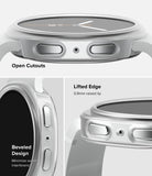 Galaxy Watch 8 40mm Case | Slim - A close-up product diagram of a smartwatch case showing three design features: 'Open Cutouts' for the display, 'Lifted Edge' with 0.9mm raised lip, and 'Beveled Design' to minimize swipe interference.