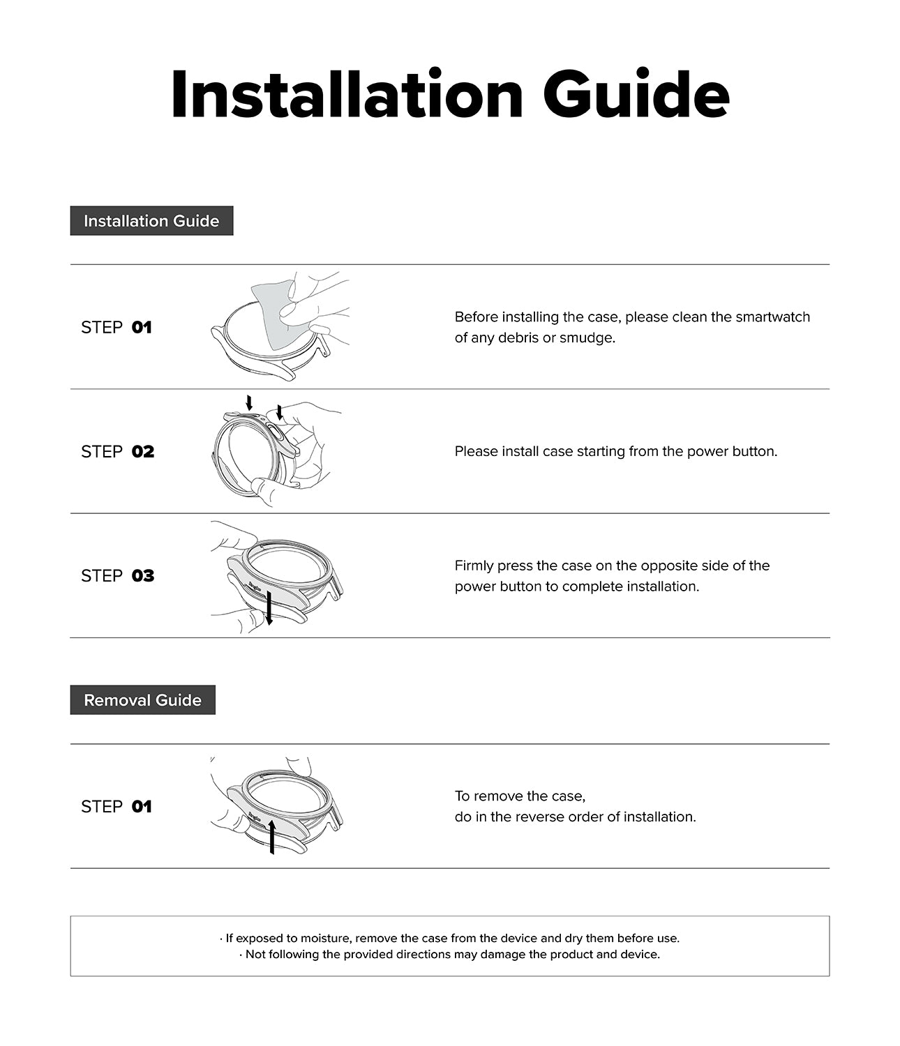 Galaxy Watch 8 40mm Case | Slim - An installation and removal guide sheet with black text and line drawings showing step-by-step instructions for mounting and taking off a smartwatch case on a white background.
