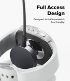 Galaxy Watch 8 40mm Case | Slim - Close-up of a smartwatch with a black circular magnetic band or accessory attached, shown on a clean white background with text reading 'Full Access Design' and 'Designed for full smartwatch functionality.'.