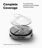 Galaxy Watch 8 40mm Case | Slim - A clear Ringke tempered glass protective case shown floating over a silver and black smartphone, with marketing text reading 'Complete Coverage' and 'For total device protection, add a Ringke Tempered Glass.' on a light gray background.