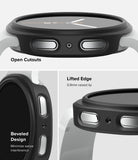 Galaxy Watch 8 40mm Case | Slim - Three-panel product detail graphic showing the bottom edge of a black smartwatch case with cutouts, a lifted 0.9mm lip, and a beveled design, labeled 'Open Cutouts,' 'Lifted Edge,' and 'Beveled Design.