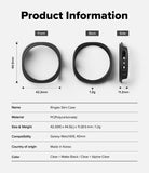 Galaxy Watch 8 40mm Case | Slim - Product information diagram for a Ringke Slim Case, showing front, back, and side views with dimensions, plus a table listing name, material, size and weight, compatibility, country of origin, and color options on a light gray background.