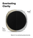 Galaxy Watch 8 40mm Case | Slim - A smartwatch shown from the back on a white background, with text comparing its clear polycarbonate case to other watch cases. The watch has a black screen and a transparent outer case, with labels pointing to 'Ringke PC Case' and 'Other Disccolored TRU Case'.