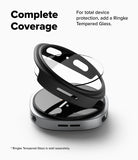 Galaxy Watch 8 40mm Case | Slim - A clear Ringke tempered glass screen protector is shown floating above a black and silver smartwatch case on a white background, with text stating 'Complete Coverage' and noting the glass is sold separately.