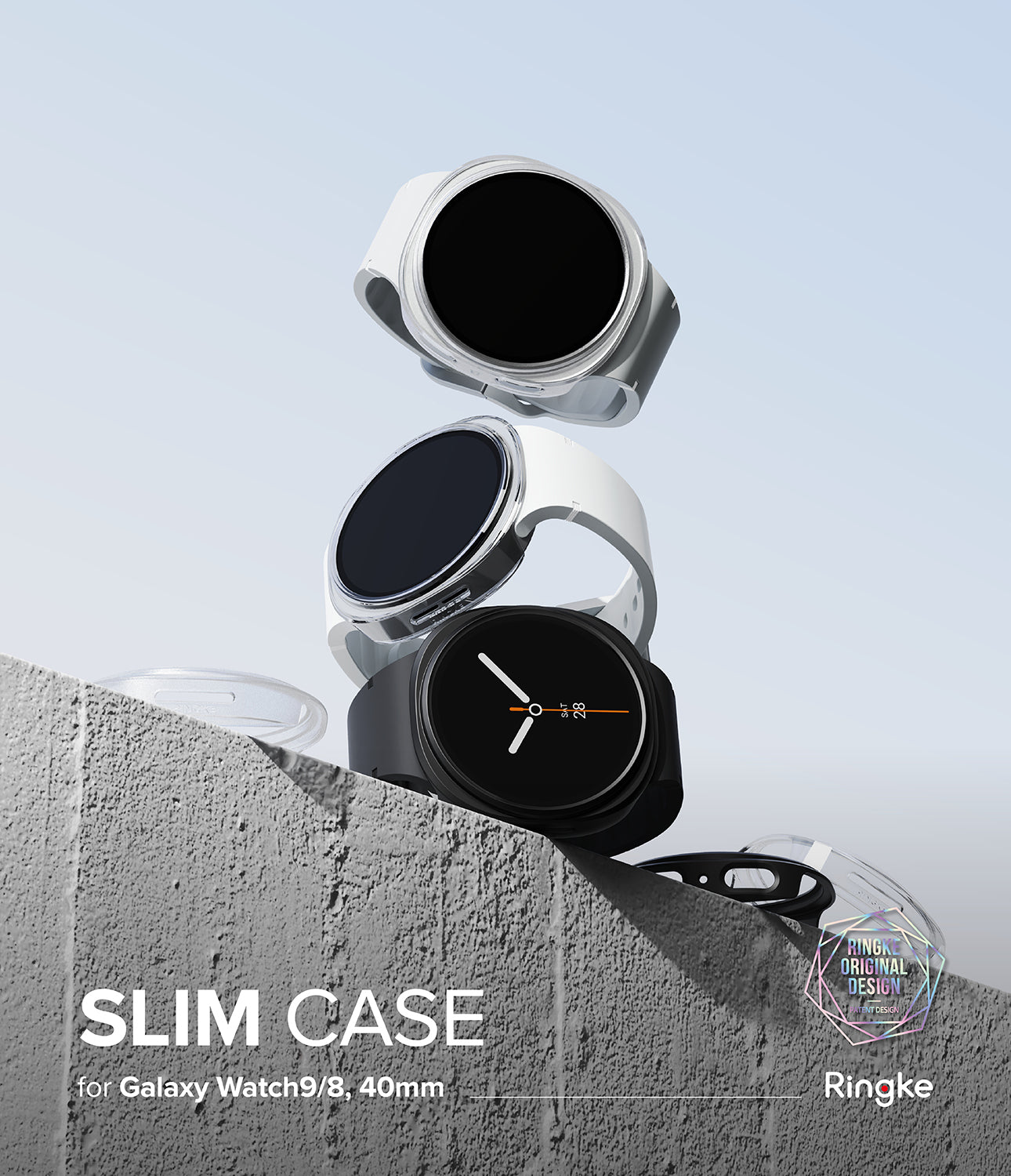 Galaxy Watch 8 40mm Case | Slim - Three slim protective cases for Galaxy Watch 9/8, 40mm are shown floating above a concrete ledge against a pale blue sky. The cases are transparent with white and black silicone bands, with one case fitted on a black watch.