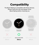 Galaxy Watch 9 / 8 44mm | Bezel Styling - Compatibility graphic showing a smartwatch with a white bezel and white watch body, with text explaining compatibility with Galaxy Watch 9/8 (44mm) and indicating non-compatible sizes with pink X marks for Galaxy Watch 9 and Galaxy Watch 8 Classic.