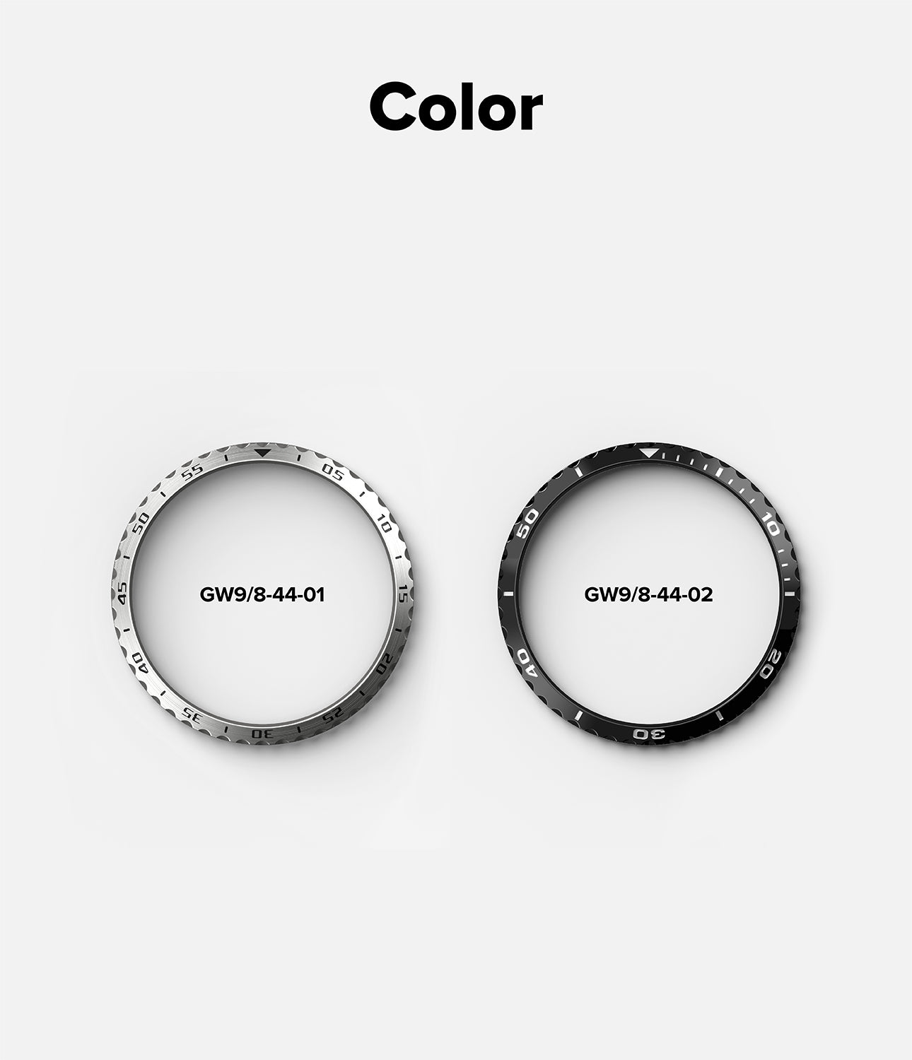 Galaxy Watch 9 / 8 44mm | Bezel Styling - Two bicycle rim components shown on a light gray background under the heading 'Color'. The left rim is metallic silver with black markings, and the right rim is black with white markings.