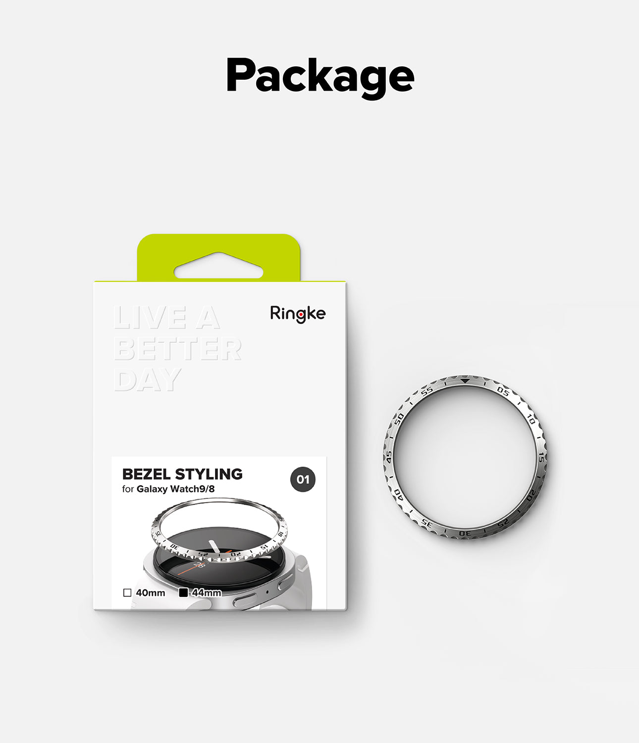 Galaxy Watch 9 / 8 44mm | Bezel Styling - Ringke Bezel Styling for Galaxy Watch 9/8 ring shown next to its white retail packaging with a lime green tab, on a light gray background with the word 'Package' above.