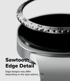 Galaxy Watch 9 / 8 44mm | Bezel Styling - Close-up of a metallic watch band or ring component with a sawtooth toothed edge, shown on a light gray background with text reading 'Sawtooth Edge Detail' and a small disclaimer.