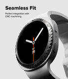 Galaxy Watch 9 / 8 44mm | Bezel Styling - A close-up of a smartwatch with a black analog-style face, silver bezel markings, and a light gray band. Text at the top reads 'Seamless Fit' and 'Perfect integration with CNC machining.