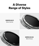 Galaxy Watch 9 / 8 44mm | Bezel Styling - A product options graphic showing two smartwatch bezel styles under the heading 'A Diverse Range of Styles.' The top-left panel is blank, while the bottom-left shows a silver-toned watch with text 'GW9/8-44-01 (Silver Hairline)'; the top-right shows a black-glossy watch with text 'GW9/8-44-02 (Black Glossy)'.