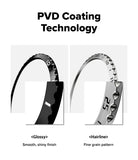 A product comparison graphic titled Galaxy Watch 9 / 8 44mm | Bezel Styling - 'PVD Coating Technology' showing two views of a metallic ring band: a glossy black finish on the left and a silver hairline finish on the right, with descriptive text below each finish.