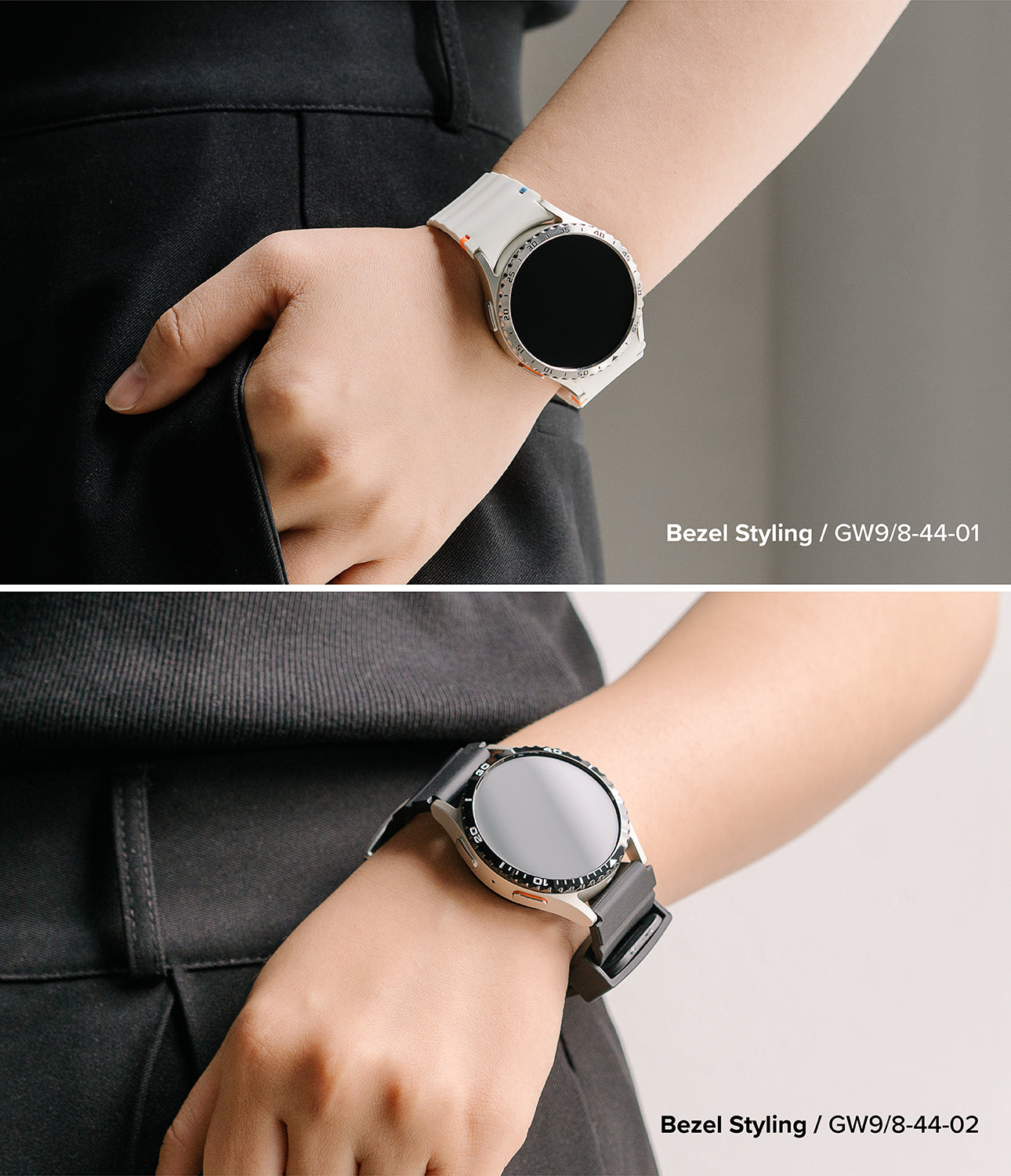 Galaxy Watch 9 / 8 44mm | Bezel Styling - Two close-up views of a smartwatch worn on a person's wrist, showing different bezel and strap styling options. The top image shows a light-colored strap and bezel with a black watch face, labeled 'Bezel Styling / GW9/8-44-01'.