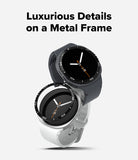 Galaxy Watch 9 / 8 44mm | Bezel Styling - Two smartwatches with round black analog-style faces and metal bezels, one in dark gray and one in silver, shown on a light gray background with the text 'Luxurious Details on a Metal Frame' above them.