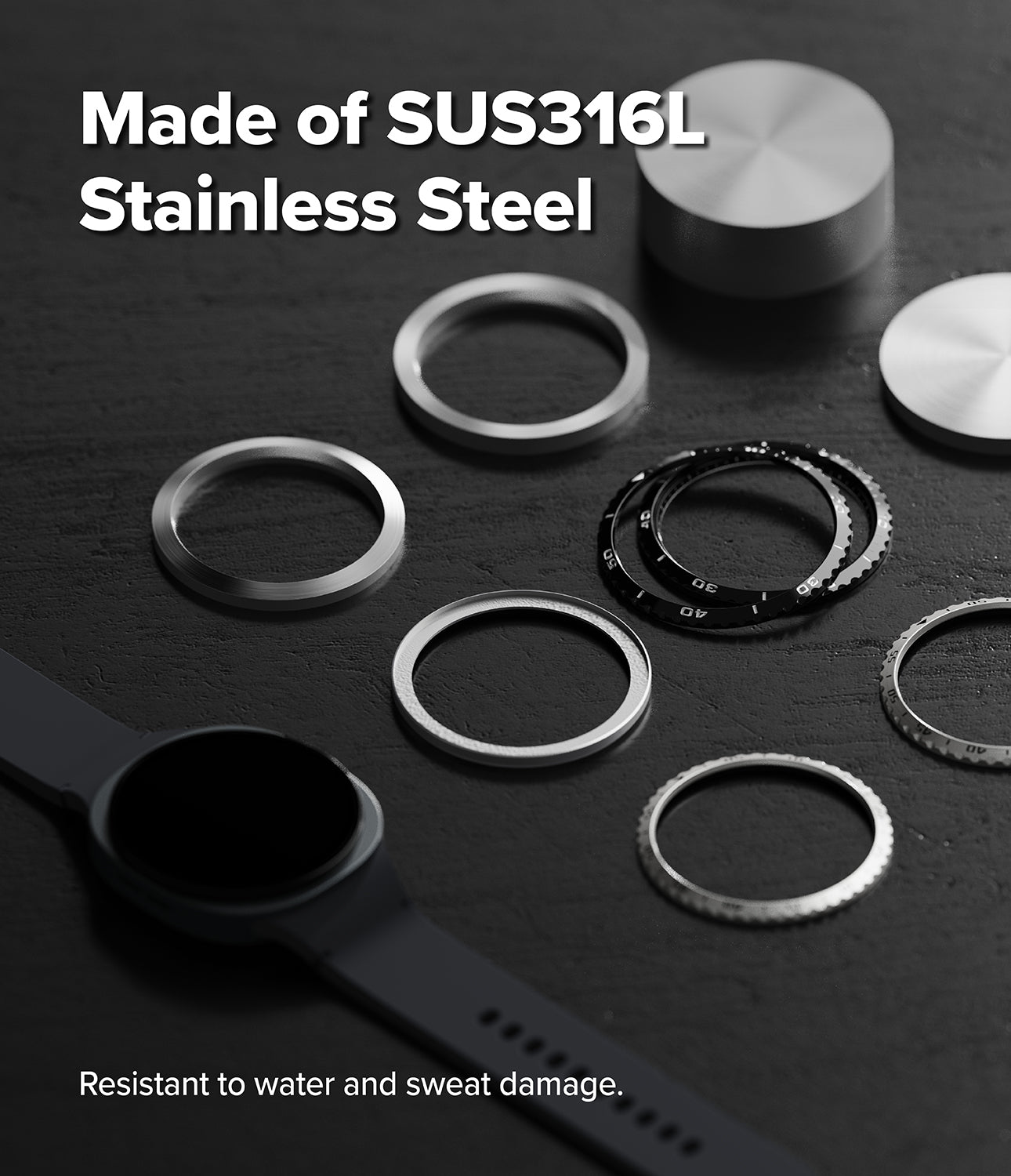 Galaxy Watch 9 / 8 44mm | Bezel Styling - Stainless steel watch band replacement rings shown on a dark textured background, with a smartwatch strap partially visible. Text reads 'Made of SUS316L Stainless Steel' and 'Resistant to water and sweat damage.
