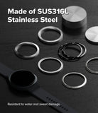 Galaxy Watch 9 / 8 44mm | Bezel Styling - Stainless steel watch band replacement rings shown on a dark textured background, with a smartwatch strap partially visible. Text reads 'Made of SUS316L Stainless Steel' and 'Resistant to water and sweat damage.