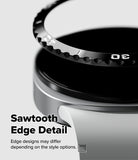 Galaxy Watch 9 / 8 44mm | Bezel Styling - Close-up of a black metallic watch band with a sawtooth toothed edge detail, shown on a silver watch case against a light gray background with text reading 'Sawtooth Edge Detail'.