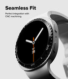 Galaxy Watch 9 / 8 44mm | Bezel Styling - A close-up of a smartwatch with a black analog-style face, silver bezel markings, and a light gray band. Text on the left reads 'Seamless Fit' and 'Perfect integration with CNC machining.