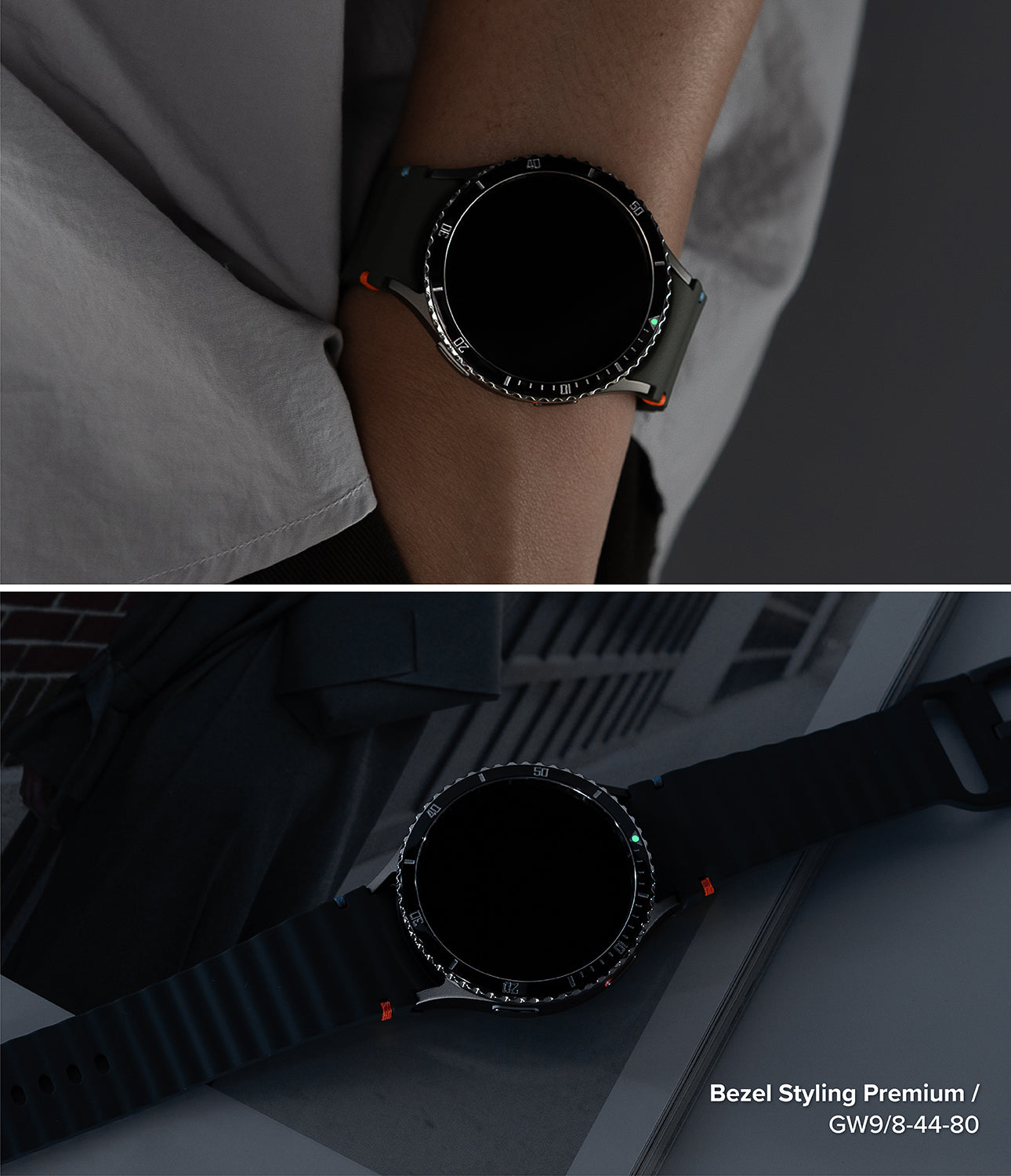 Galaxy Watch 9 / 8 44mm | Bezel Styling Premium - A smartwatch with a black screen and a dark gray textured strap is shown worn on a person's wrist in the top half, and resting on a dark surface in the bottom half. The watch has a black bezel with small colored markers and a small orange accent on the strap.