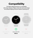 Galaxy Watch 9 / 8 44mm | Bezel Styling Premium - Compatibility graphic for a smartwatch bezel/styling, showing three watch faces and sizes. The center watch with a black face and orange second hand is marked compatible with Galaxy Watch9/8 44mm by a green circle, while the left and right watches are marked incompatible with pink X symbols.