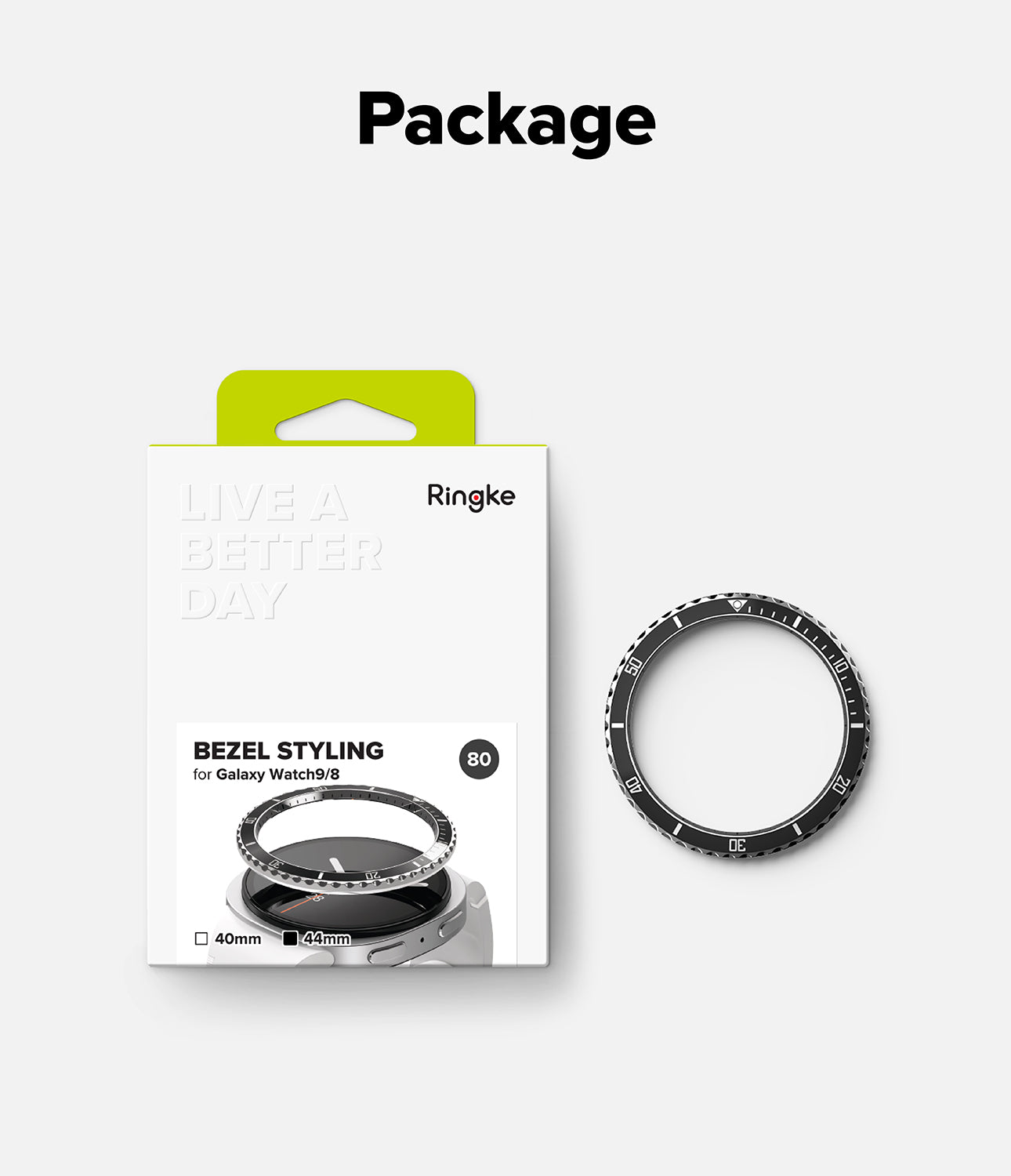 Galaxy Watch 9 / 8 44mm | Bezel Styling Premium - Ringke Bezel Styling for Galaxy Watch 3/4/5/6 watch band bezel ring shown next to its white retail packaging box with a lime green tab, on a light gray background with the word 'Package' at the top.