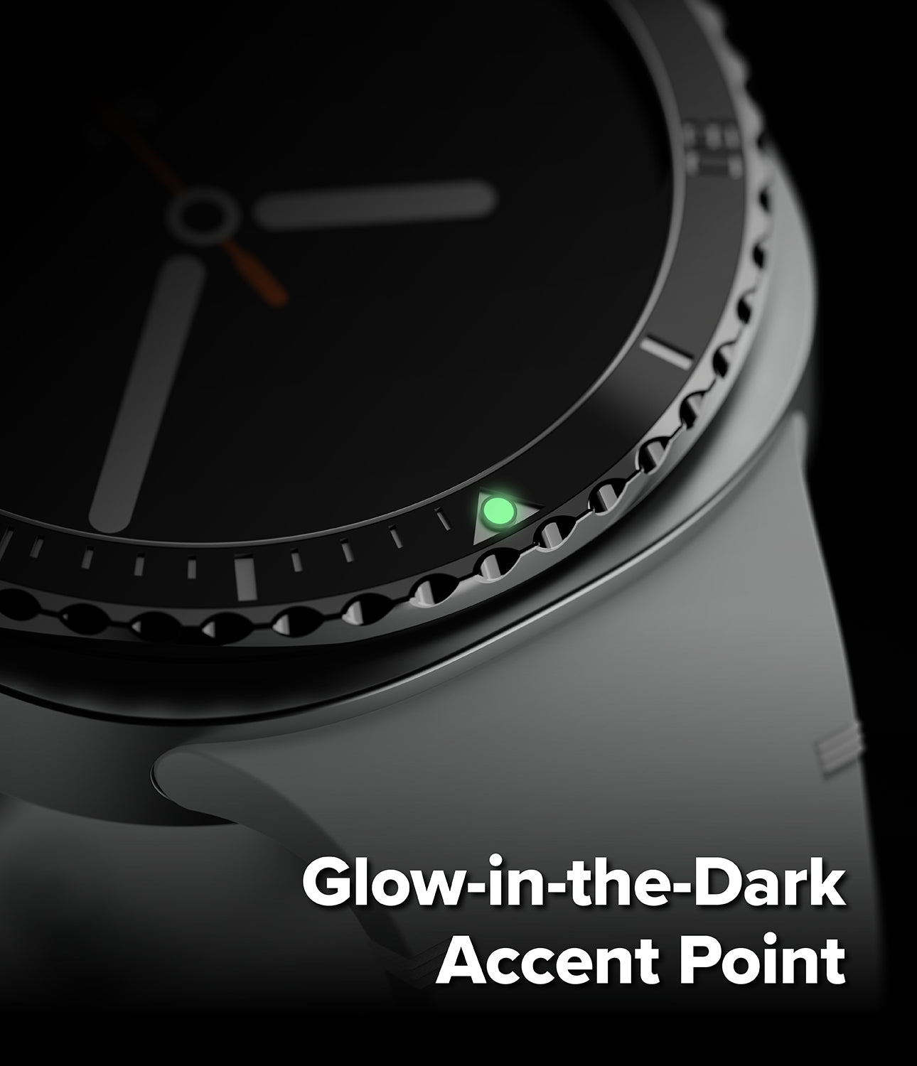 Galaxy Watch 9 / 8 44mm | Bezel Styling Premium - Close-up of a smartwatch with a dark display and bezel, featuring a glowing green accent point near the lower bezel. White text at the bottom reads 'Glow-in-the-Dark Accent Point' on a black background.