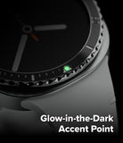 Galaxy Watch 9 / 8 44mm | Bezel Styling Premium - Close-up of a smartwatch with a dark display and bezel, featuring a glowing green accent point near the lower bezel. White text at the bottom reads 'Glow-in-the-Dark Accent Point' on a black background.