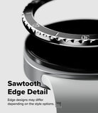 Galaxy Watch 9 / 8 44mm | Bezel Styling Premium - Close-up of a metallic watch band or ring component with a serrated tooth-like edge, shown on a light gray background with the text 'Sawtooth Edge Detail' and smaller explanatory copy.