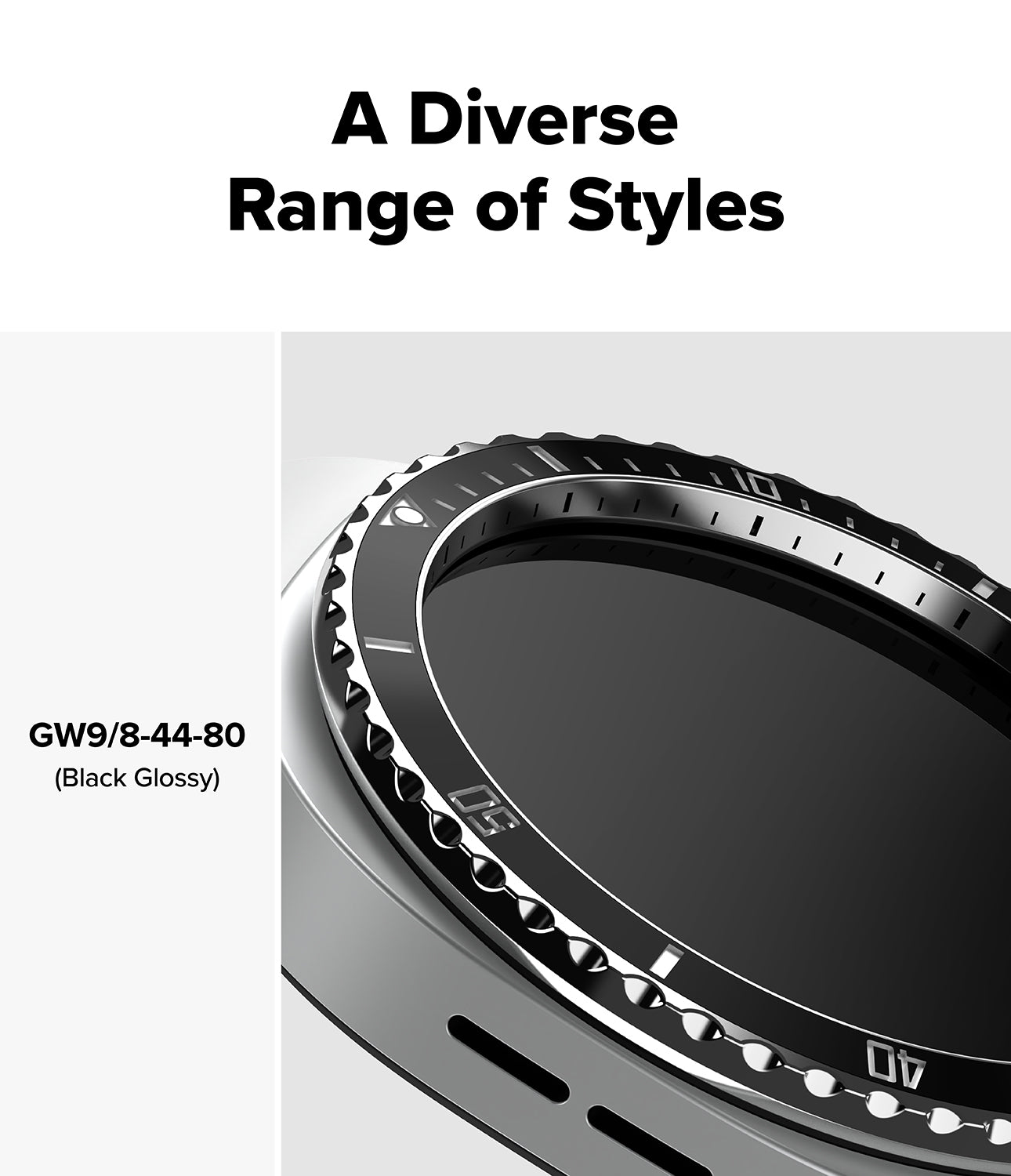 Galaxy Watch 9 / 8 44mm | Bezel Styling Premium - Close-up of a smartwatch bezel with a black glossy finish and textured outer ring, under the heading 'A Diverse Range of Styles' with model text 'GW9/8-44-80 (Black Glossy)'.