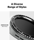 Galaxy Watch 9 / 8 44mm | Bezel Styling Premium - Close-up of a smartwatch bezel with a black glossy finish and textured outer ring, under the heading 'A Diverse Range of Styles' with model text 'GW9/8-44-80 (Black Glossy)'.