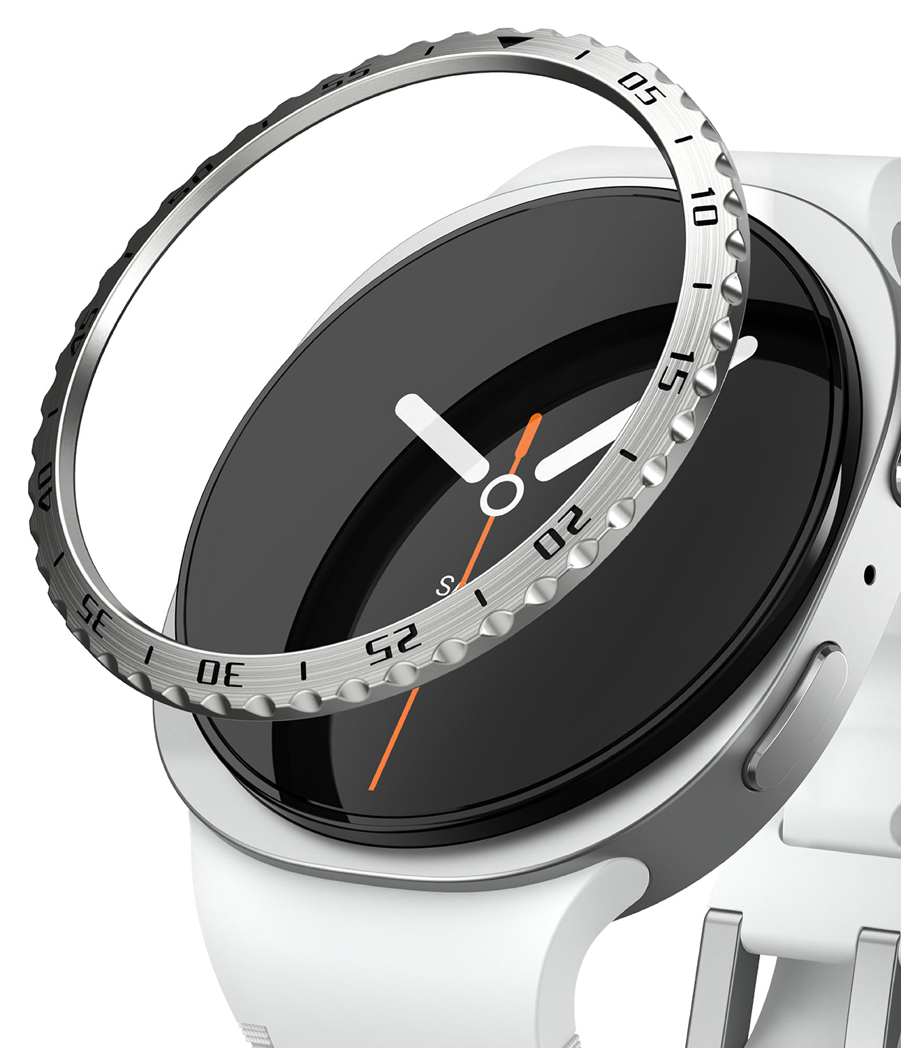 Galaxy Watch 9 / 8 44mm | Bezel Styling - A close-up of a smartwatch with a white band and silver case, showing a clear bezel protector ring with black printed numerals and white hands partially covering the black watch face.