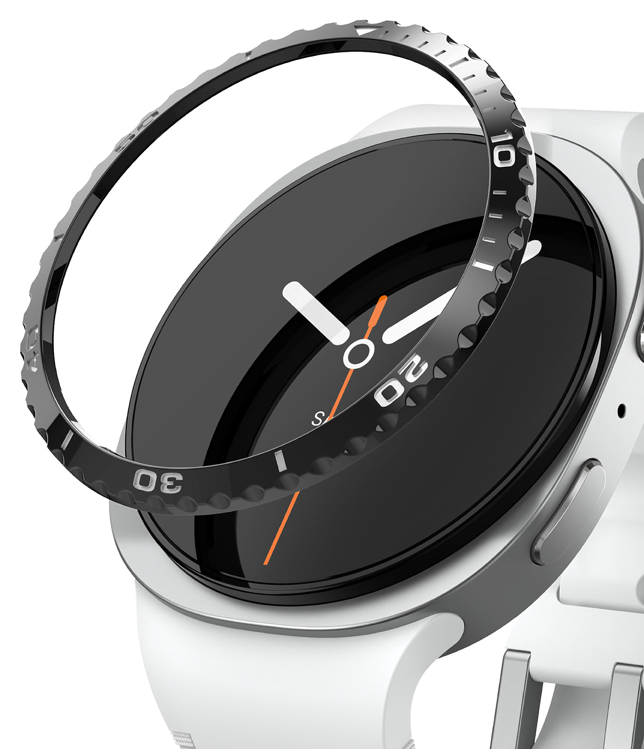 Galaxy Watch 9 / 8 44mm | Bezel Styling - A close-up of a smartwatch with a white band and silver case, showing a black watch dial and a transparent protective bezel ring with white and black numerals.