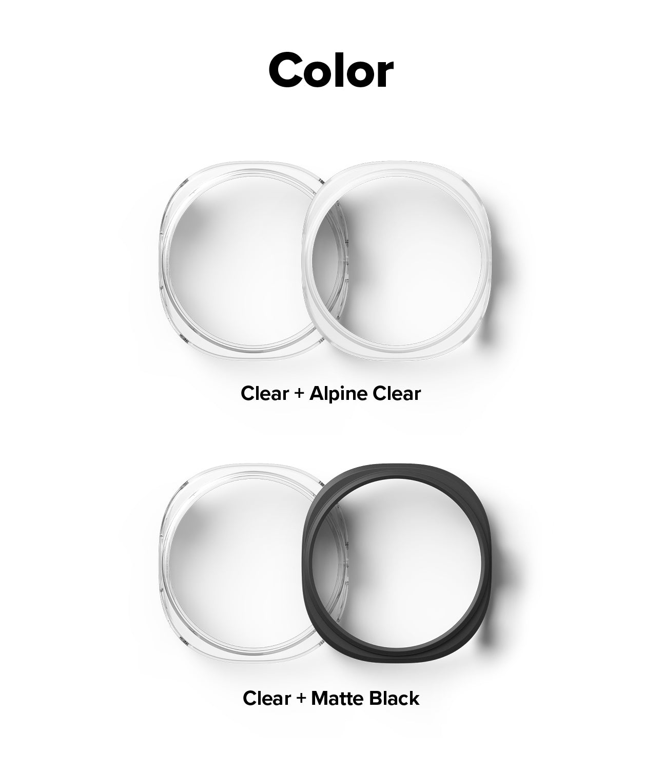 Galaxy Watch 9 / 8 44mm Case | Slim - Color options graphic showing two pairs of round contact lenses: the top pair labeled 'Clear + Alpine Clear' and the bottom pair labeled 'Clear + Matte Black'. The top pair is clear, and the bottom pair includes one clear lens and one matte black lens.