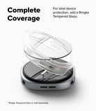 Galaxy Watch 9 / 8 44mm Case | Slim - A clear Ringke tempered glass protective case shown floating over a silver and black smartphone, with marketing text reading 'Complete Coverage' and 'For total device protection, add a Ringke Tempered Glass.' on a light gray background.