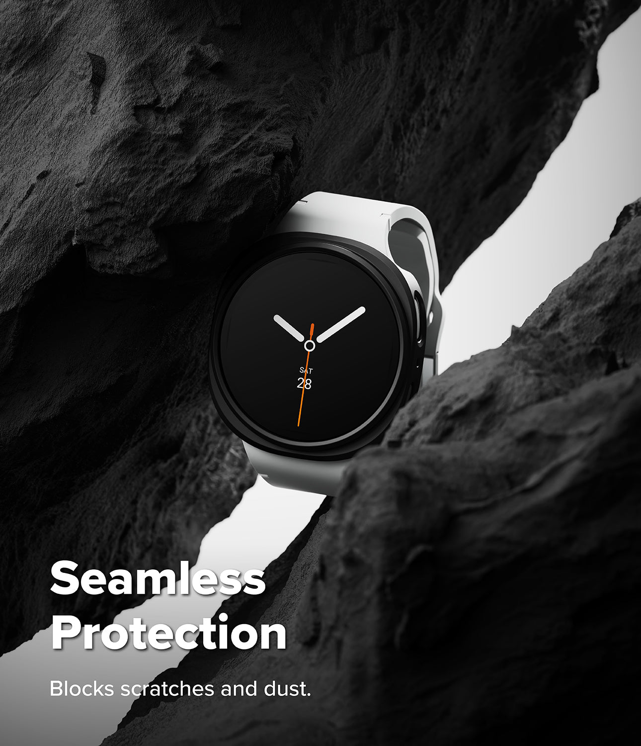 Galaxy Watch 9 / 8 44mm Case | Slim - A smartwatch with a white band and black round face is nestled between dark rock formations. Large white text at the bottom reads 'Seamless Protection' with smaller text 'Blocks scratches and dust.