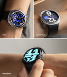 Galaxy Watch 9 / 8 44mm Case | Slim - Three-panel comparison of smartwatch bezel options worn on a wrist: Clear, Alpine Clear, and Matte Black. The watch has a round silver case with a black strap and a digital watch face showing blue and white numerals.