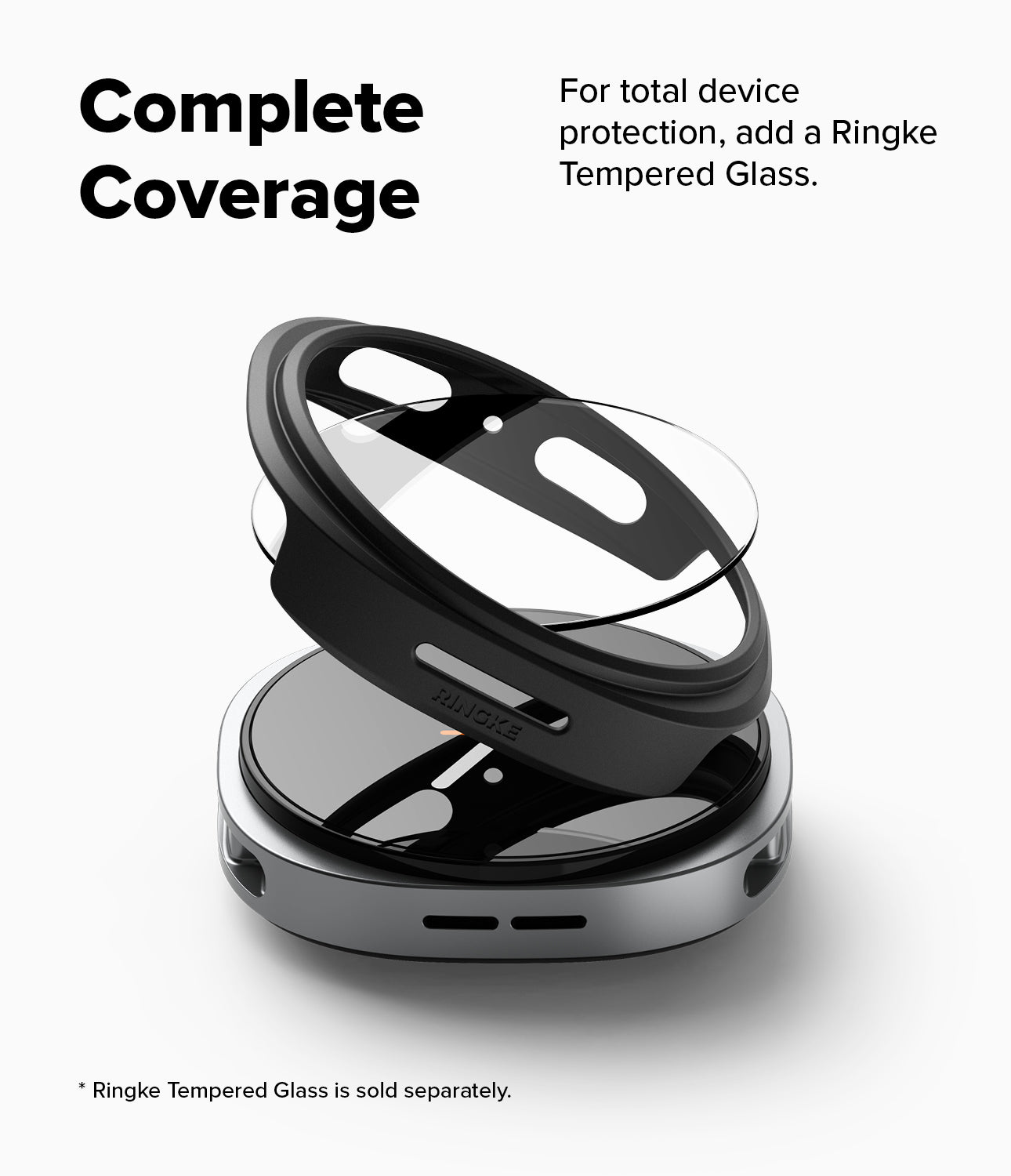 Galaxy Watch 9 / 8 44mm Case | Slim - A clear Ringke tempered glass screen protector is shown floating above a black and silver smartwatch case on a white background, with text stating 'Complete Coverage' and noting the glass is sold separately.