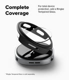 Galaxy Watch 9 / 8 44mm Case | Slim - A clear Ringke tempered glass screen protector is shown floating above a black and silver smartwatch case on a white background, with text stating 'Complete Coverage' and noting the glass is sold separately.