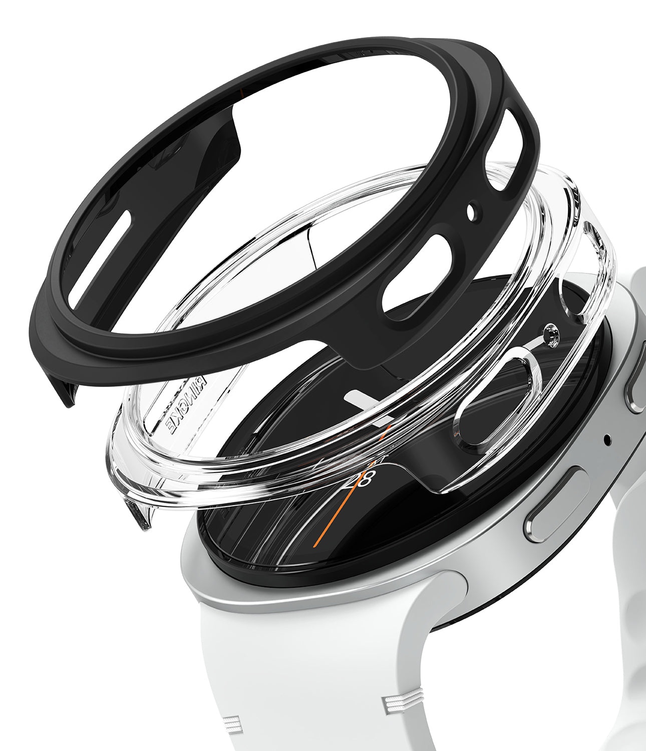 Galaxy Watch 9 / 8 44mm Case | Slim - A smartwatch shown with a clear protective case and a black inner ring or strap component, photographed on a clean white background.