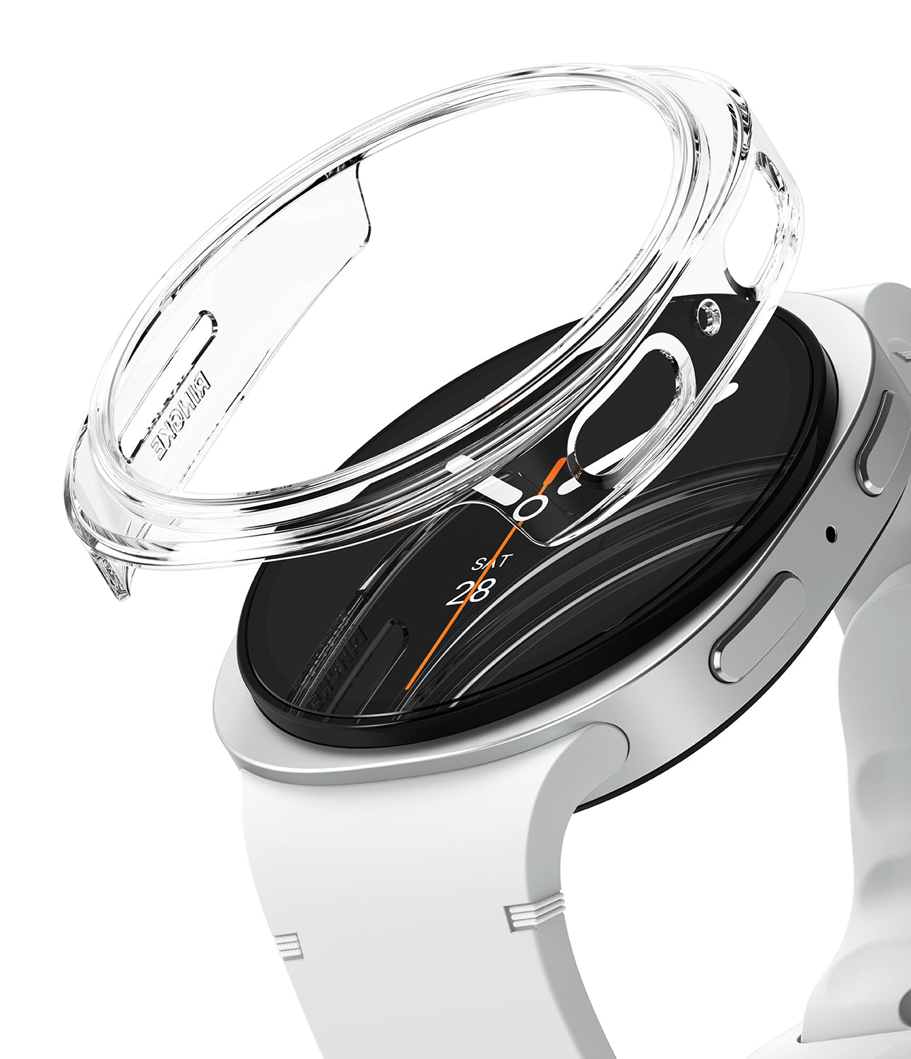 Galaxy Watch 9 / 8 44mm Case | Slim - A clear protective case for a smartwatch, shown partially lifted off a white and silver watch with a black display.
