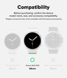 Galaxy Watch 8 44mm Screen Protector | Tempered Glass Pro - Compatibility graphic for a smartwatch accessory, showing three watch mockups: a Galaxy Watch9/8 at 40mm with a pink X, a Galaxy Watch9/8 at 44mm with a green circle, and a Galaxy Watch8 Classic at 46mm with a pink X. Text at the top says to confirm device model name, size, and accessory compatibility.
